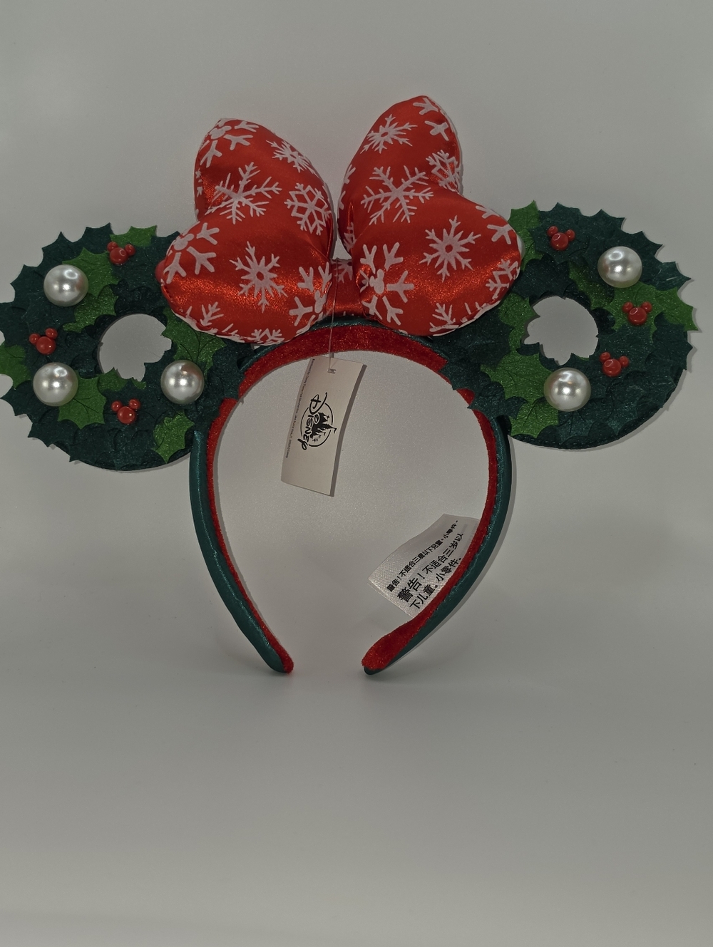 Disney Red Snowflake Bow Minnie Ears with Green Holly Wreaths